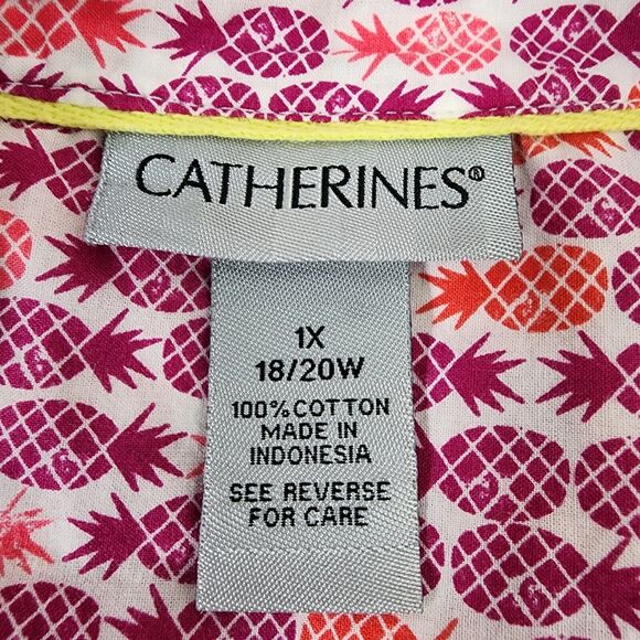 Catherines Shirt Top Womens Size 1X White Pink Pineapple Button Front 3/4 Sleeve - Picture 9 of 11
